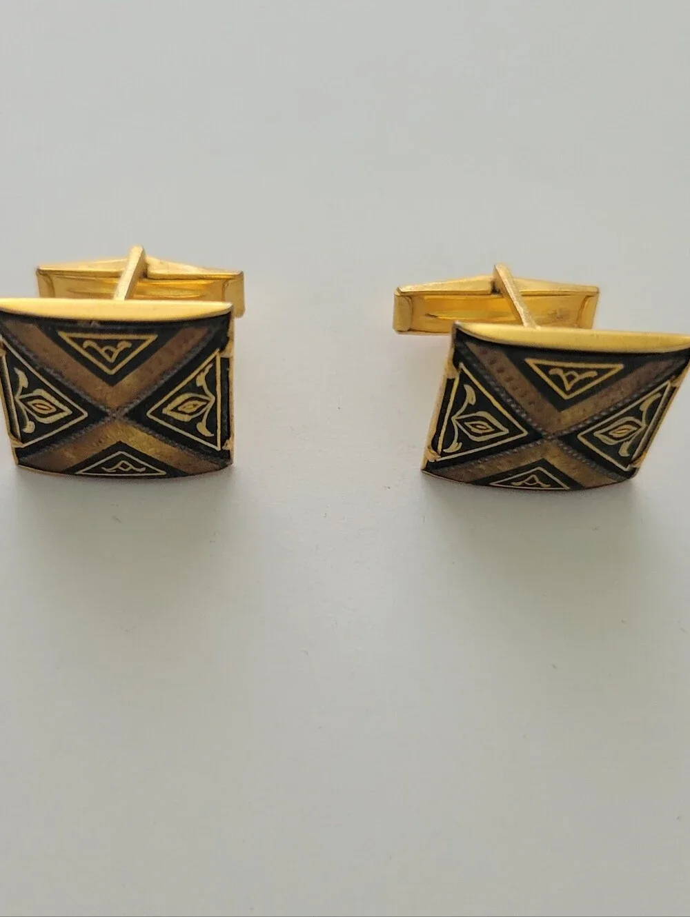 Vintage Damascene Mens Cufflinks Gold Plated Black